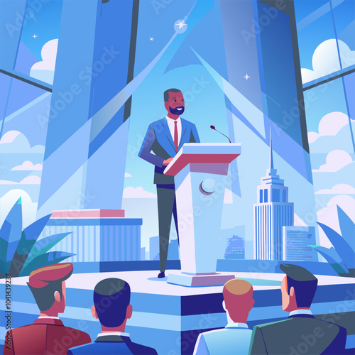 Color illustration of a speaker giving a speech at the podium.
