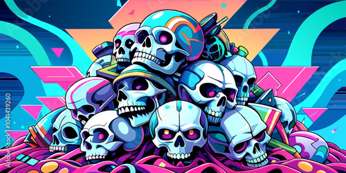 Colored illustration in graffiti style with a pile of skull.