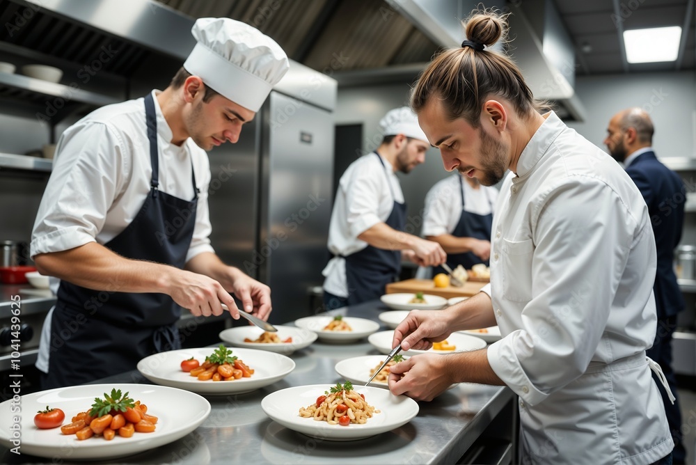 Chefs display their Culinary Art in a Professional Kitchen while preparing delicious dishes Chefs display their Culinary Art in a Professional Kitchen while preparing delicious dishes
