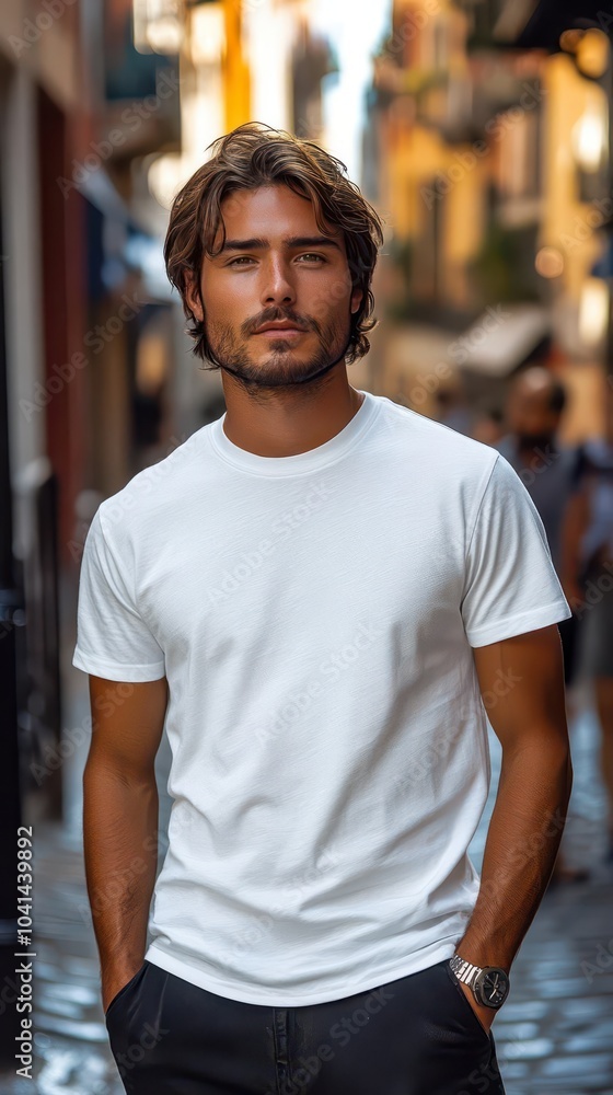 male latin model dressed in a classic white cotton tshirt standing confidently on a bustling city street radiating casual style and charisma with vibrant street life as a backdrop male latin model dressed in a classic white cotton tshirt standing confidently on a bustling city street radiating casual style and charisma with vibrant street life as a backdrop