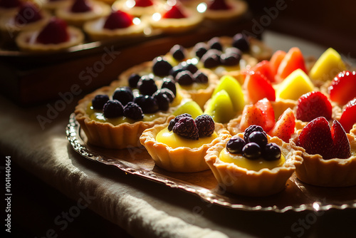 Assorted fruit tarts elegantly placed on a table. Generative AI photo