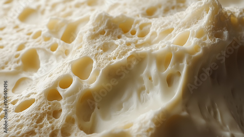 The image is of a large piece of cheese with a lot of holes in it. The holes are scattered all over the cheese, making it look like a sponge. The cheese appears to be very soft and malleable