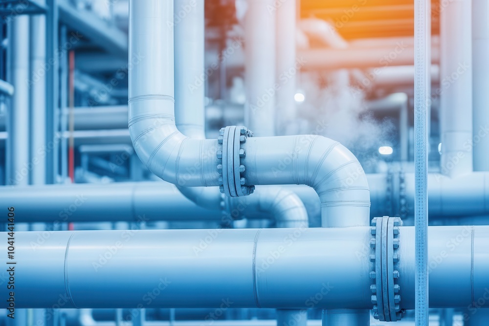 Industrial piping system in a factory setting Industrial piping system in a factory setting