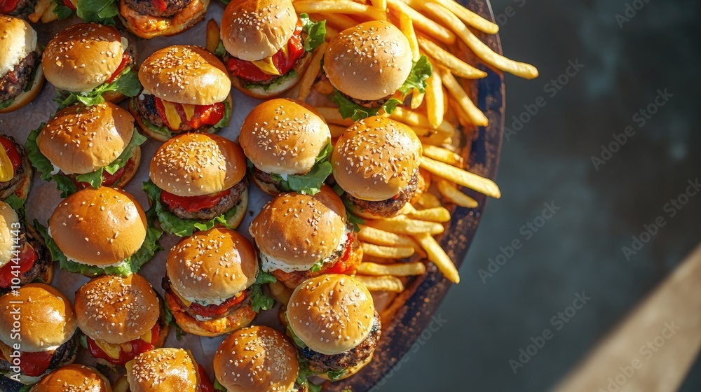Fototapeta premium A platter of mini gourmet burgers served with crispy fries, festival, top view, copy space, no people