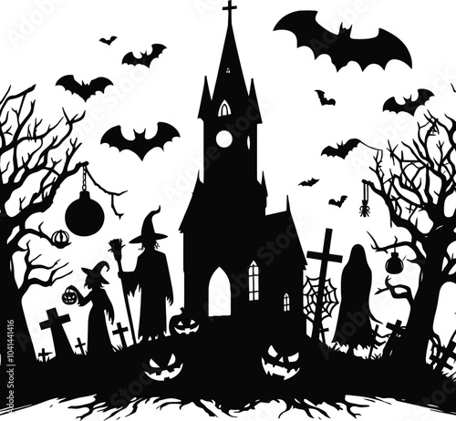 Halloween night illustration with dark castle cemetery crosses, white background