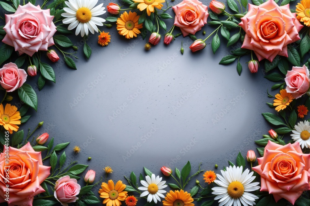 Fototapeta premium Floral Frame with Roses Daisies and Orange Flowers on Grey Background