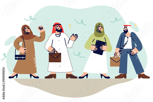 Team of arab business people in national clothes arrived for negotiations to discuss new contract
