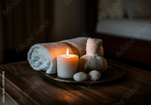 Relaxing wellness setup with rolled towel, herbal pouches, candle, and pebbles on a wooden table in a soothing atmosphere