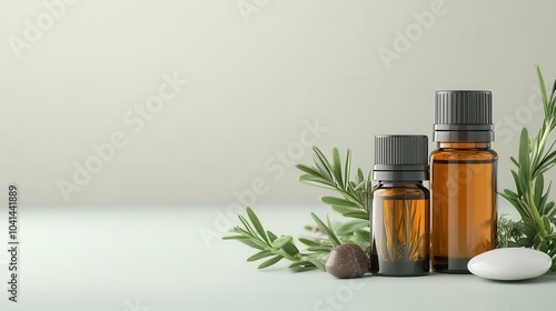 Essential oil bottles with healing stones and herbs, holistic wellness, 3D illustration