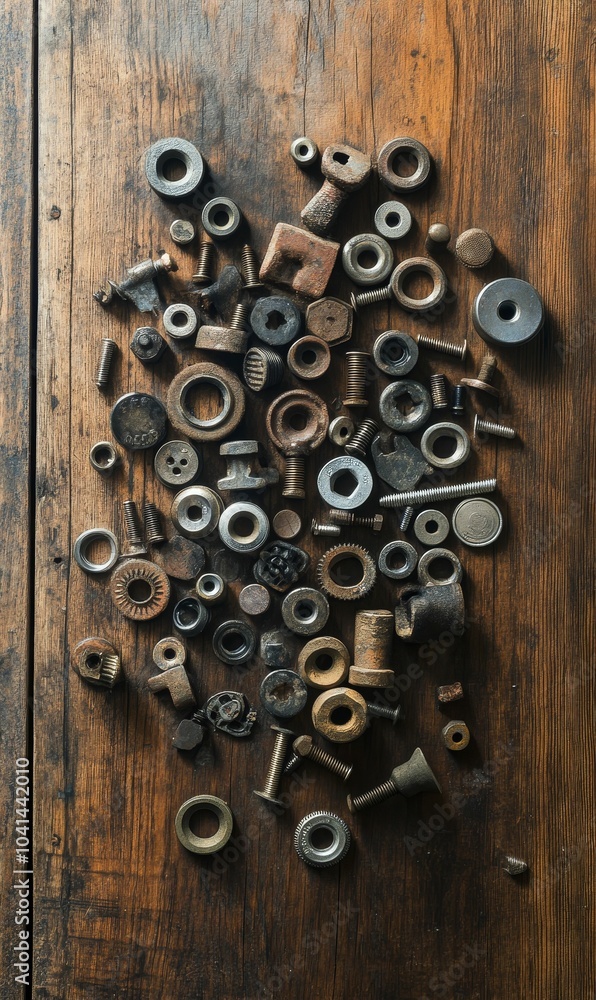 Assortment of rusty metal parts on wood. Assortment of rusty metal parts on wood.