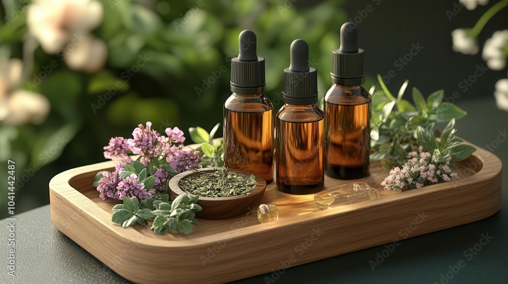 Herbal poultices and natural oils on a wooden tray, traditional healing, 3D illustration Herbal poultices and natural oils on a wooden tray, traditional healing, 3D illustration