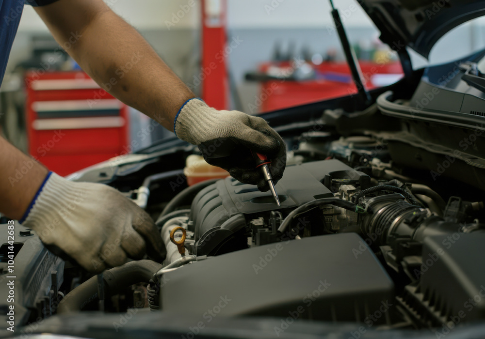 Mechanic working on an engine in an auto repair shop with focus on hand tools and vehicle components Mechanic working on an engine in an auto repair shop with focus on hand tools and vehicle components