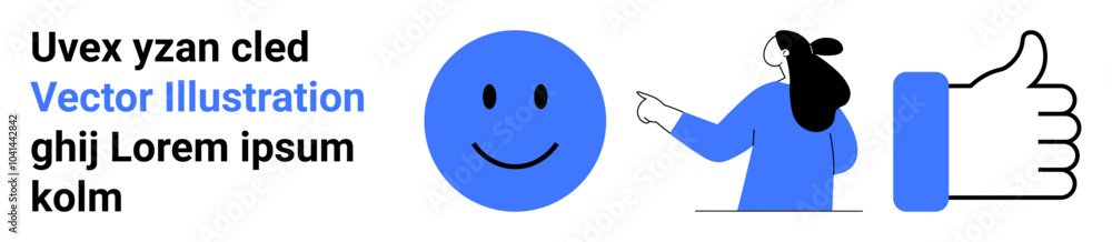Fototapeta premium Cartoon figure pointing at happy face and thumbs-up symbol next to placeholder text. Ideal for user feedback, digital marketing, social media, client satisfaction, and online engagement. Landing page