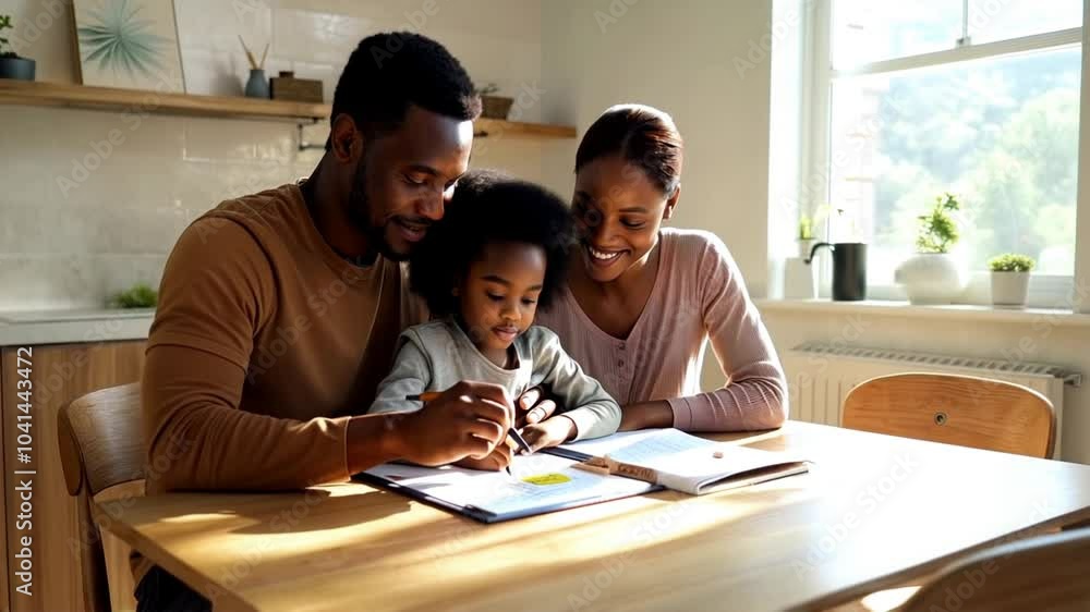 Happy Family Doing Homework Together at Kitchen Table Happy Family Doing Homework Together at Kitchen Table