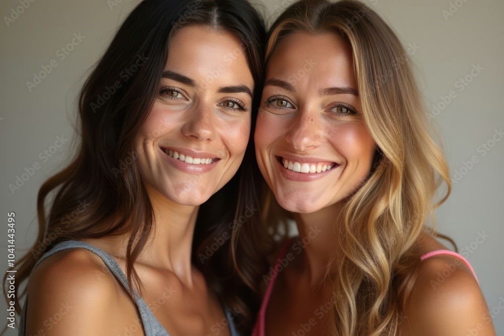 Lesbian happy couple smiles and hugs on a studio background. The concept of same-sex love and tolerance. Lgbtq community, freedom and lgbt people with pride. Generative AI Lesbian happy couple smiles and hugs on a studio background. The concept of same-sex love and tolerance. Lgbtq community, freedom and lgbt people with pride. Generative AI