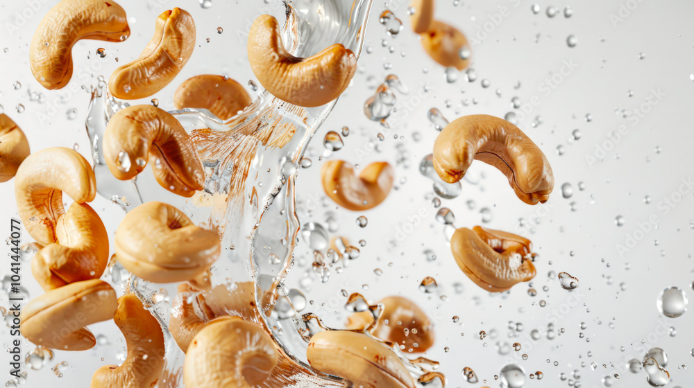 Close-up of cashew nuts and a splash of clear clear water. The image turned out to be playful and cheerful, as if the nuts were having a party in the water. Washing cashew nuts Close-up of cashew nuts and a splash of clear clear water. The image turned out to be playful and cheerful, as if the nuts were having a party in the water. Washing cashew nuts