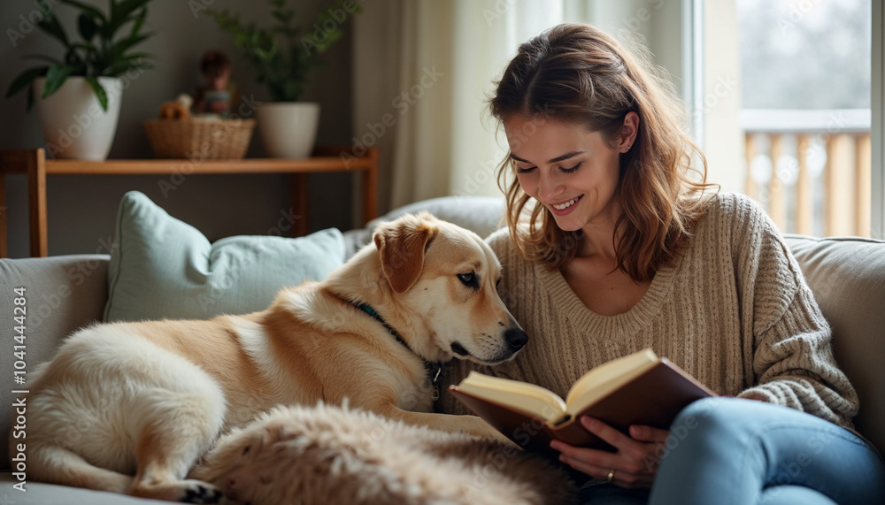 Young black woman reading book while relaxing with her dog at home, girl reading book, study concept Young black woman reading book while relaxing with her dog at home, girl reading book, study concept