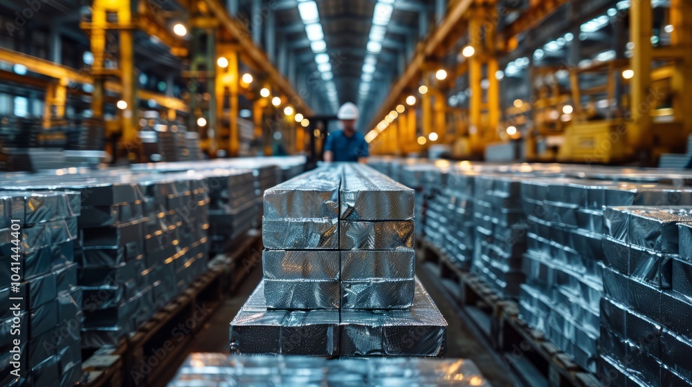 In a vast industrial facility, workers prepare gleaming metal ingots for distribution amidst a backdrop of machinery and early morning light In a vast industrial facility, workers prepare gleaming metal ingots for distribution amidst a backdrop of machinery and early morning light