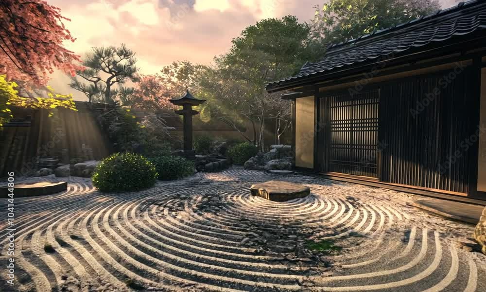 Japanese Zen Garden with Stone Path and Traditional House Japanese Zen Garden with Stone Path and Traditional House