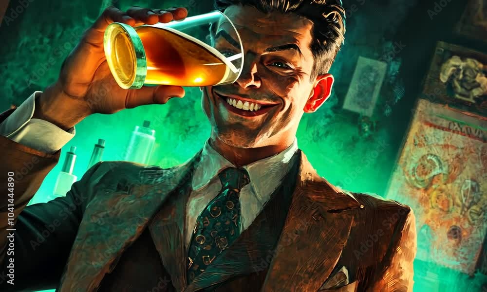 A man in a suit holding a glass of whiskey with ice, looking sinisterly at the viewer A man in a suit holding a glass of whiskey with ice, looking sinisterly at the viewer
