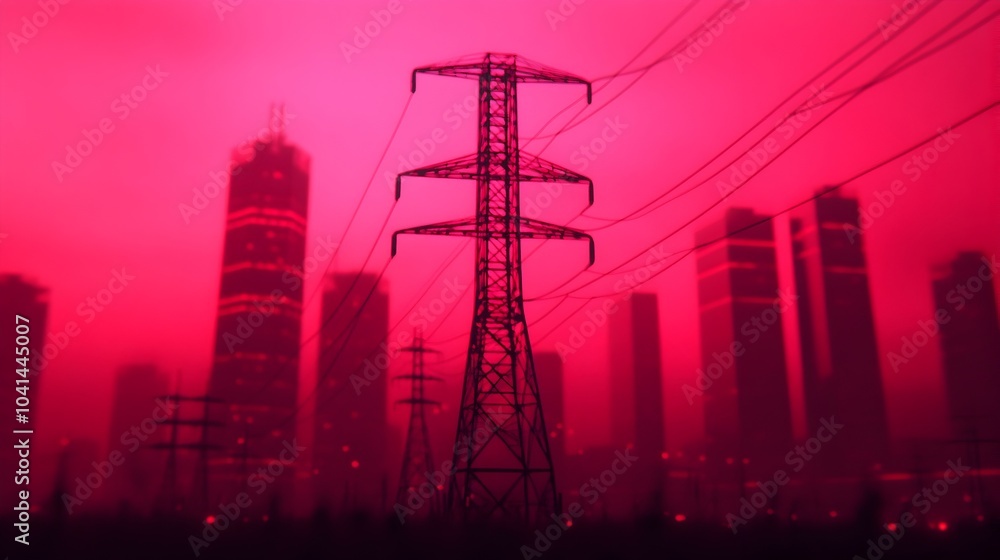 Fototapeta premium Repairing high voltage electrical wiring with intense electric arcs and sparks set against a cyberpunk inspired industrial landscape of towering machinery glowing circuits