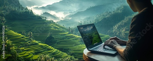 A person typing on their laptop from a cafe overlooking rice terraces, with green fields in the background photo