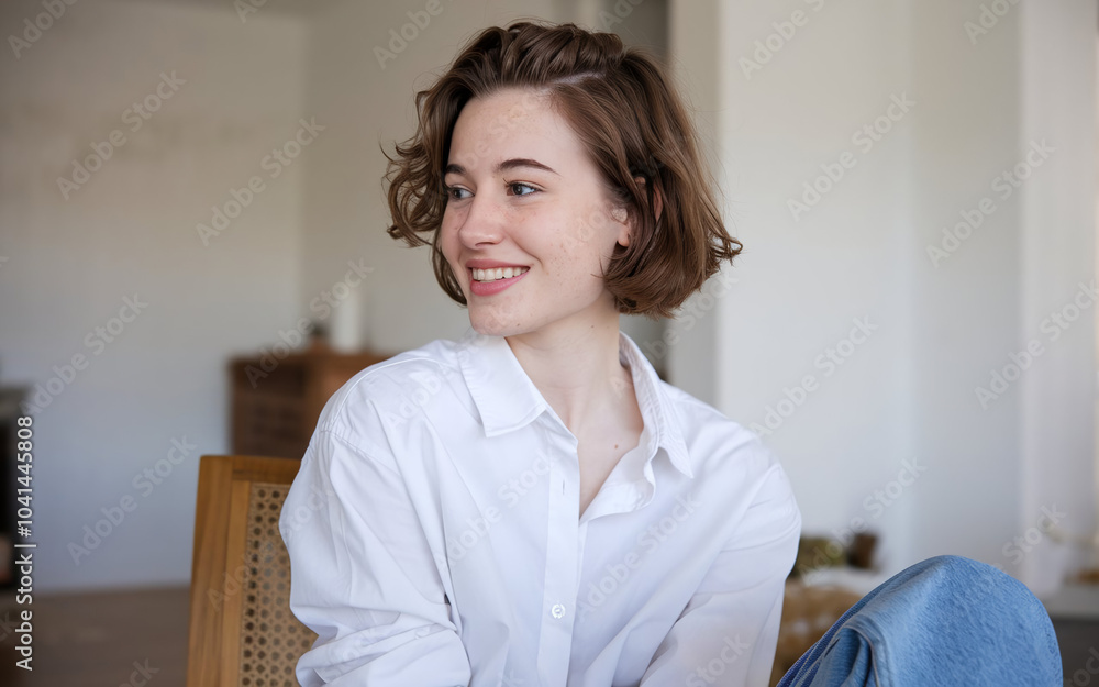 portrait of woman with brown, short, slightly curly hair portrait of woman with brown, short, slightly curly hair