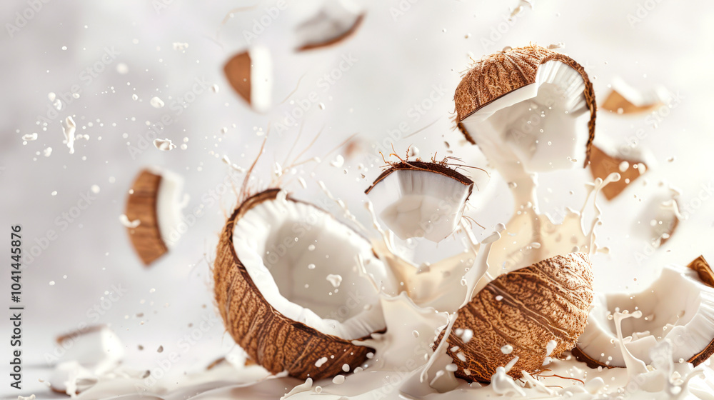 A delicious tropical snack. Food background. A few coconuts are broken into pieces, and white milk spills out of them A delicious tropical snack. Food background. A few coconuts are broken into pieces, and white milk spills out of them