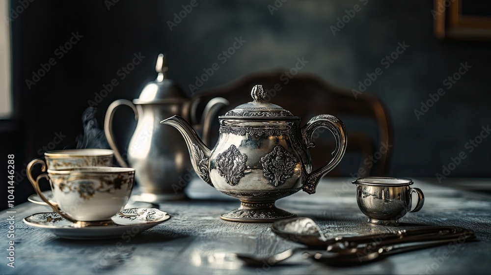 Fototapeta premium Antique silver tea set on a formal dining table, no people, open space for text