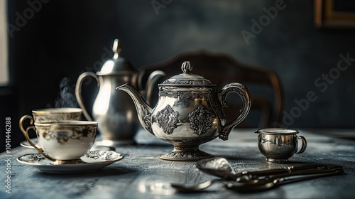 Wallpaper Mural Antique silver tea set on a formal dining table, no people, open space for text Torontodigital.ca