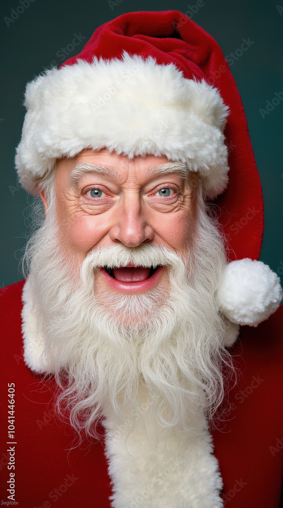 Naklejka premium Happy Santa Claus Portrait on Vibrant Background for Festive Holiday Cheer