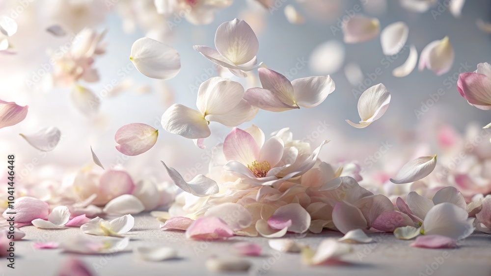 Obraz premium Serene Beauty of Falling Flower Petals on White Backdrop - Nature, Floral, Aesthetics, Tranquility, Softness, Petals, Falling 