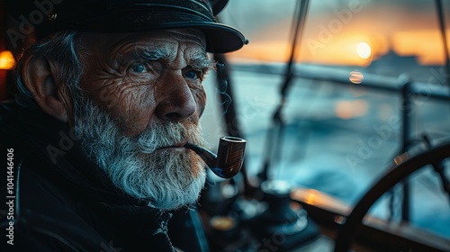Under the soft glow of sunset, a rugged sailor reflects on his journeys while enjoying a moment of peace aboard his vessel, pipe in hand