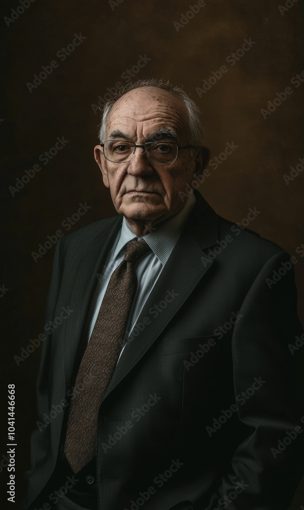 Elderly man in suit, glasses, tie, looking serious. Elderly man in suit, glasses, tie, looking serious.