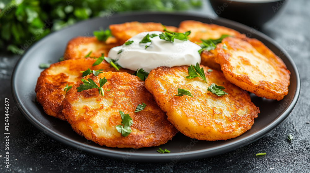 A black bowl filled with fried potatoes and a white sauce. The bowl is placed on a grey surface A black bowl filled with fried potatoes and a white sauce. The bowl is placed on a grey surface