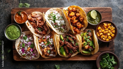 Wallpaper Mural Assorted festival tacos with beef, chicken, and fresh veggies, top view, copy space, no peopl Torontodigital.ca