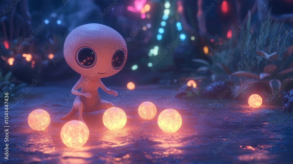 Orange skinned alien with large round eyes and plump body playing with glowing orbs in a futuristic playground Orange skinned alien with large round eyes and plump body playing with glowing orbs in a futuristic playground