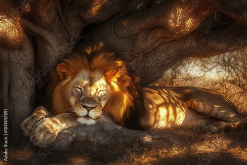 Regal lion resting in the shade of an acacia tree.  photo