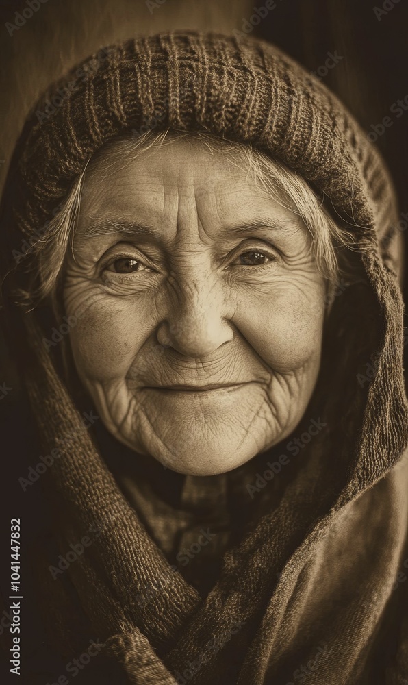 Elderly woman wearing knitted hat and scarf. Elderly woman wearing knitted hat and scarf.