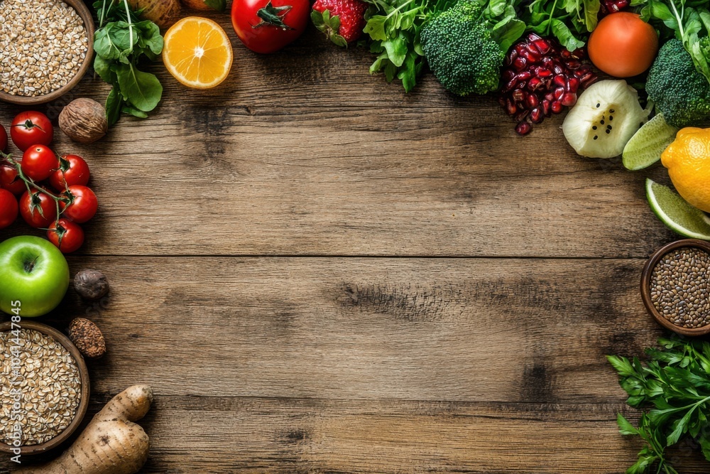 Minimalistic arrangement of fresh healthy ingredients on rustic wooden background Minimalistic arrangement of fresh healthy ingredients on rustic wooden background