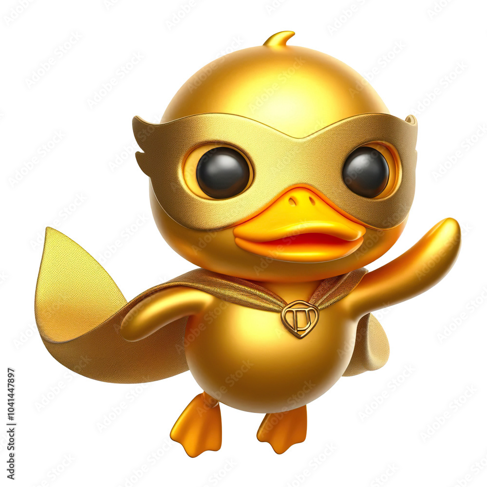 3D superhero cute flying gold duck with a cloak and mask, white background PNG 3D superhero cute flying gold duck with a cloak and mask, white background PNG