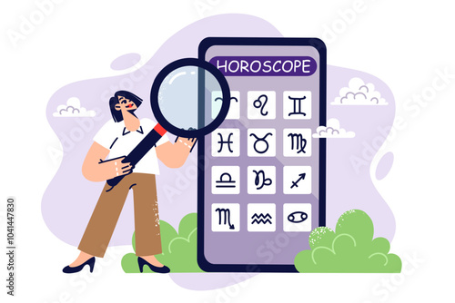 Horoscope in smartphone application, with forecasts for different zodiac signs, near business woman