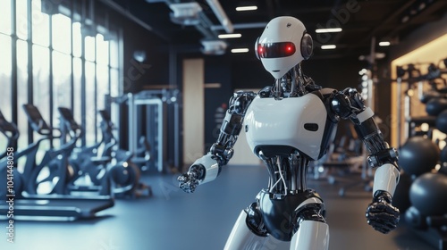 A robot providing personalized fitness training in a high-tech gym, dynamic and energetic setting with exercise machines and fitness enthusiasts, Fitness Training Robotics style