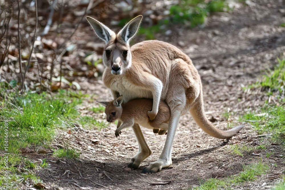 Resilient kangaroo mother carrying her joey. Resilient kangaroo mother carrying her joey.