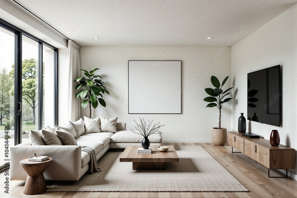 A modern minimalist living room filled with natural light, beautiful plants, and chic decor A modern minimalist living room filled with natural light, beautiful plants, and chic decor