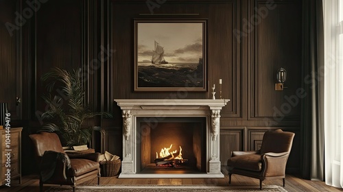 Classic framed painting above a fireplace in a cozy room, no people, with ample copy space