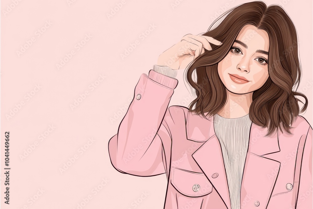Minimalist fashion portrait of a young woman in pink jacket Minimalist fashion portrait of a young woman in pink jacket