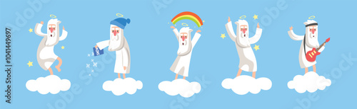 Funny Bearded God Character on Soft Cloud Vector Set