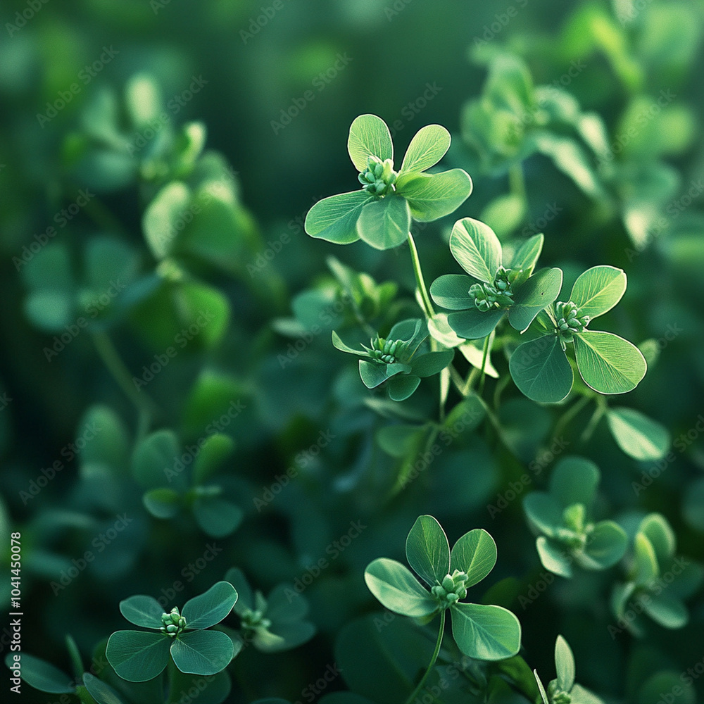 Lush green clover leaves create serene and tranquil atmosphere, showcasing natures beauty in close up view. soft focus enhances peaceful feeling of this vibrant greenery Lush green clover leaves create serene and tranquil atmosphere, showcasing natures beauty in close up view. soft focus enhances peaceful feeling of this vibrant greenery