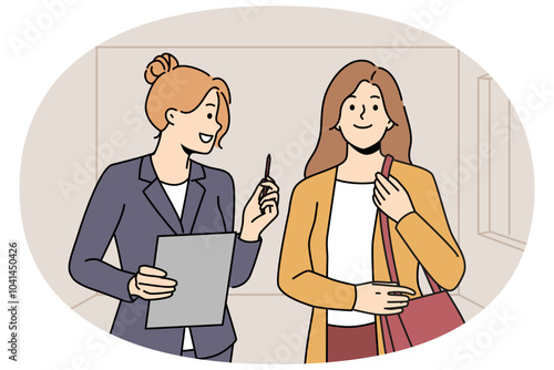Woman real estate agent or realtor shows apartment to girl to client and offers conclude contract. Process showing house to realtor and entering into lease or sale agreement with mortgage